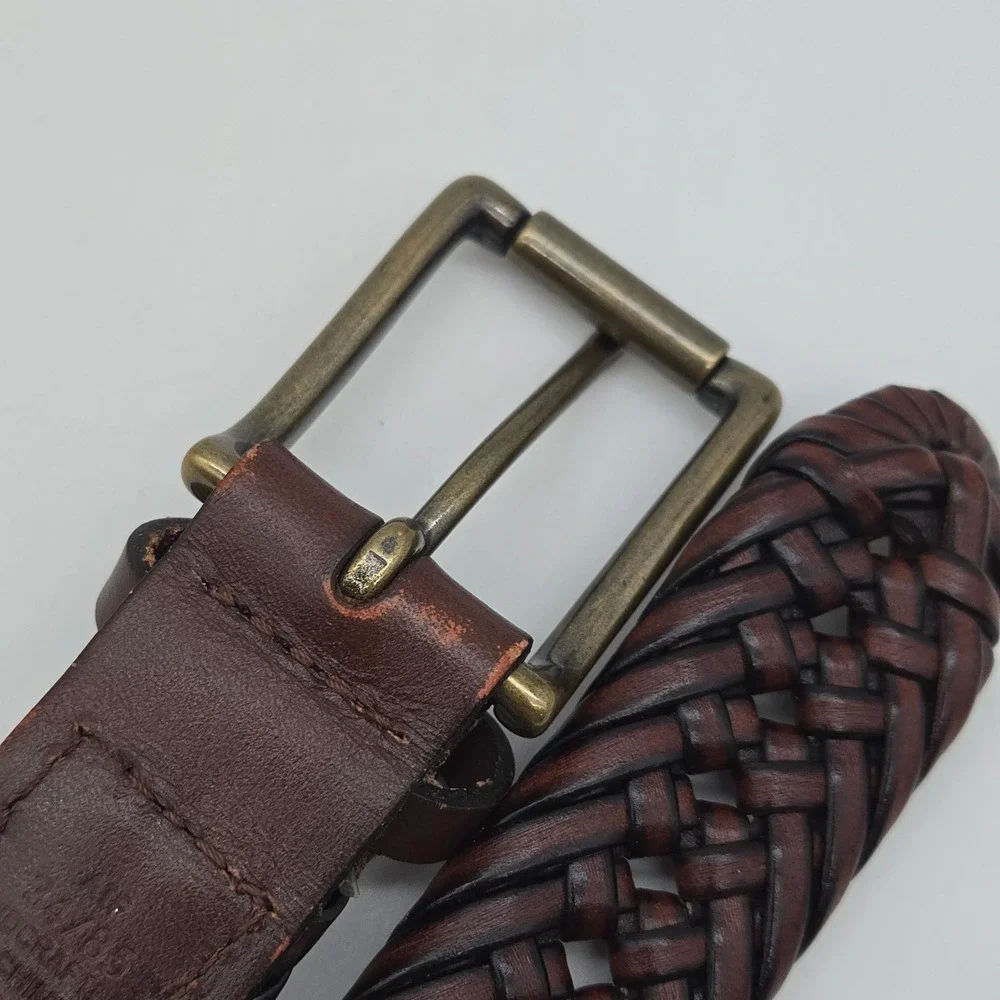 Nautica Braided Belt Brown Leather Mens 34 Bronze Buckle New